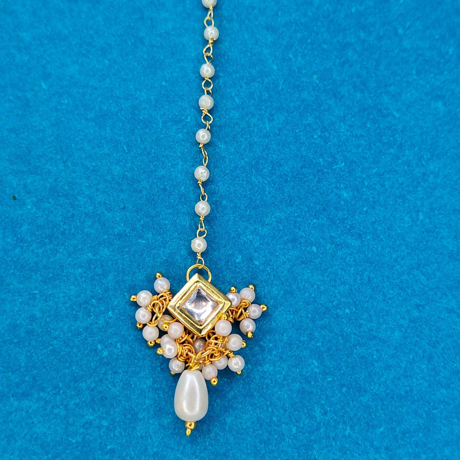 Jevaya Elegant Kundan Pearl Drop Maang Tikka in Gold Finish - Image 6