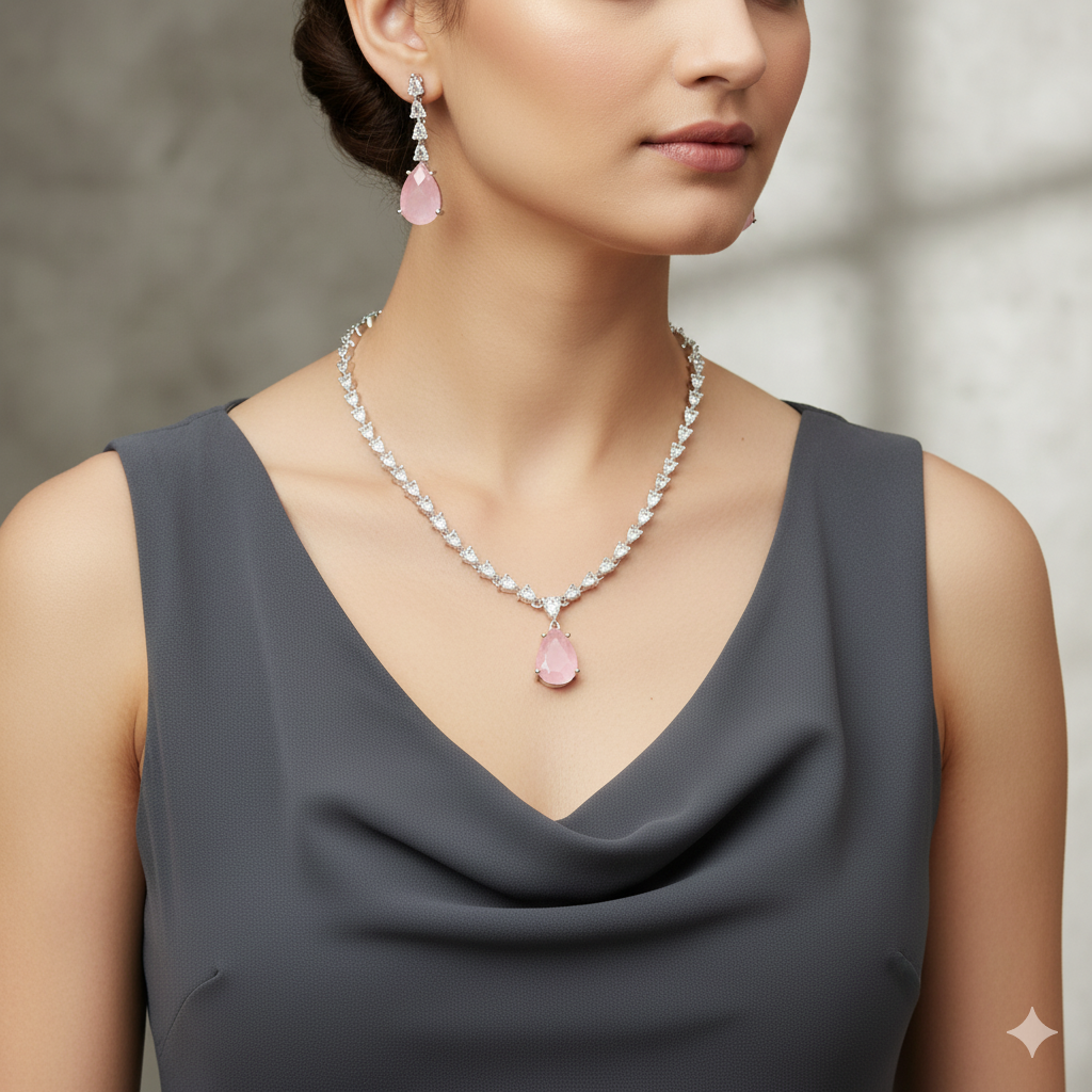 Jevaya Elegant Light Pink Stone Necklace Set with Earrings