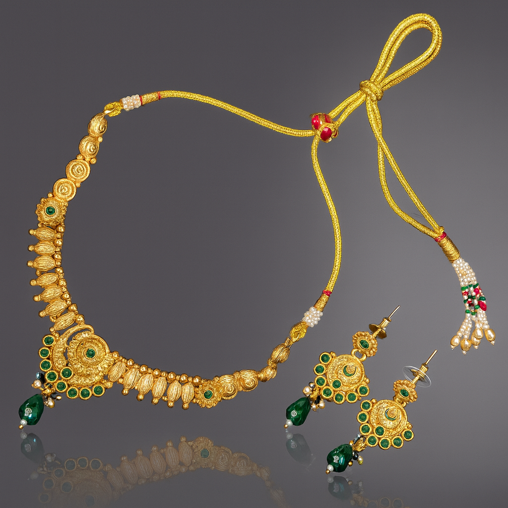 Jevaya Traditional Gold-Plated Temple Necklace Set with Green & White Detailing - Image 3