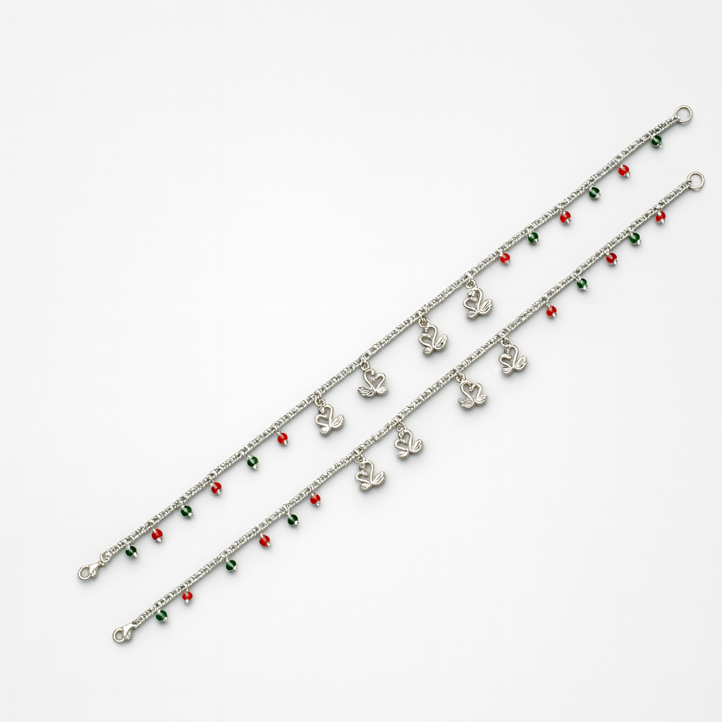 Jevaya Elegant Silver-Plated Anklet with Duck Charms and Red-Green Crystal Beads - Image 3