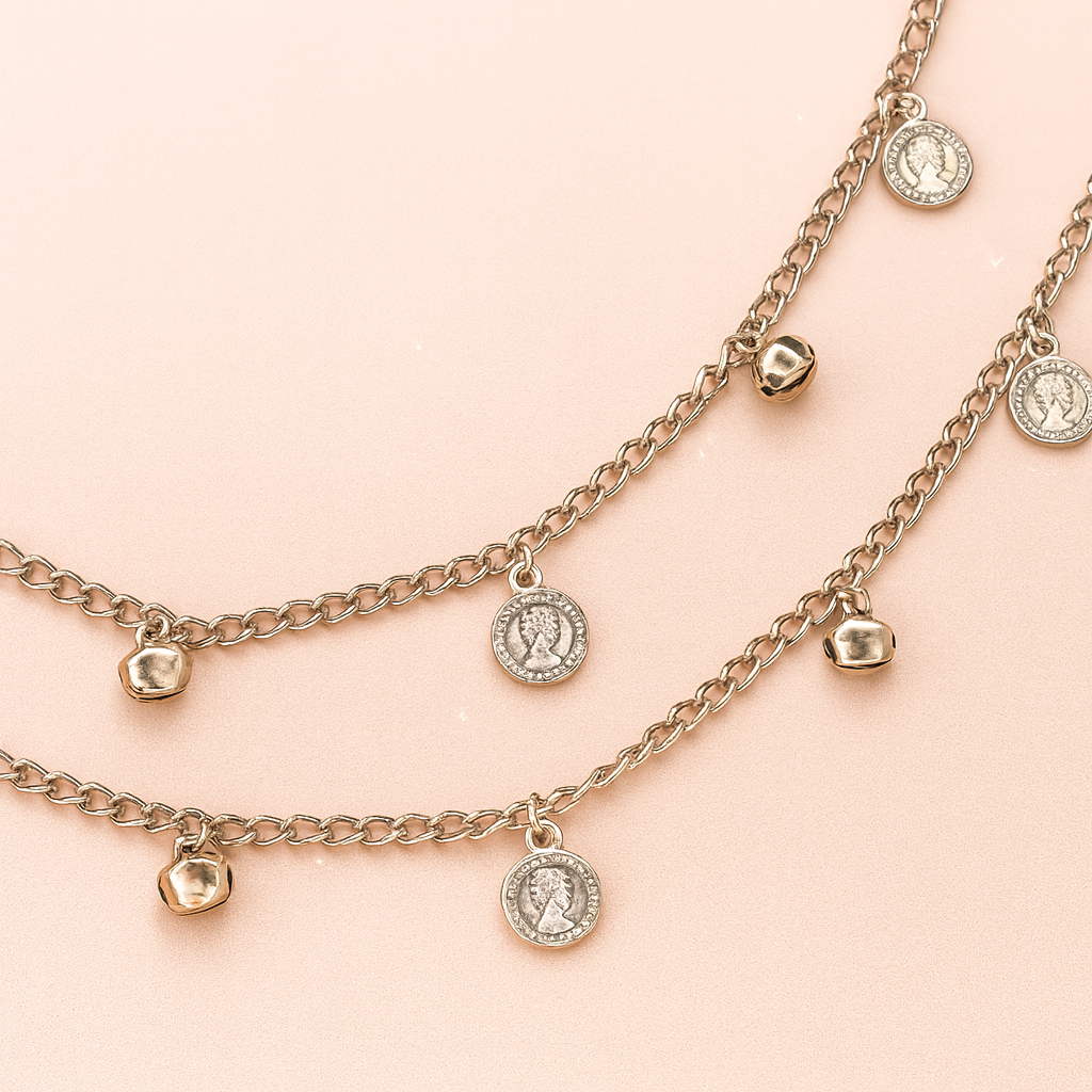 Jevaya Elegant Silver Coin Charm Anklet with Mini Ghungroo Accents - Image 5