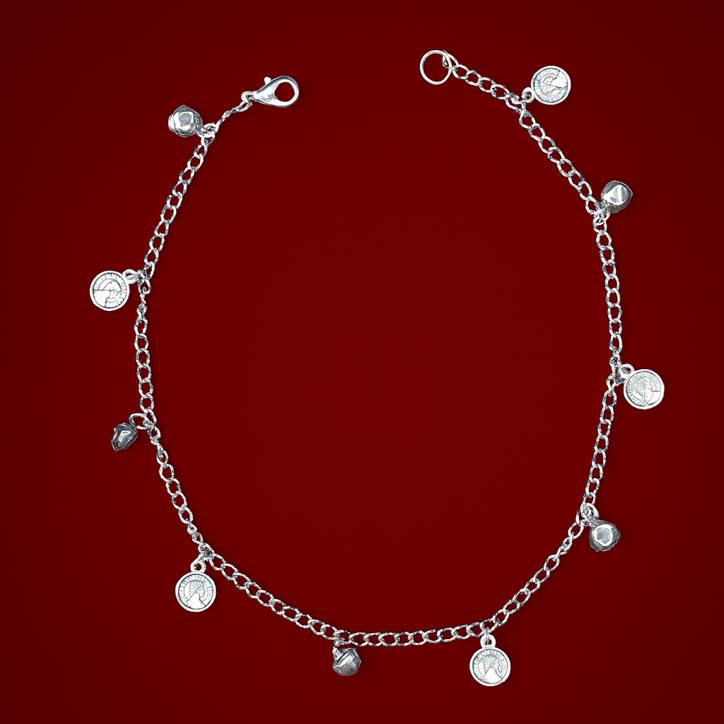Jevaya Elegant Silver Coin Charm Anklet with Mini Ghungroo Accents - Image 3