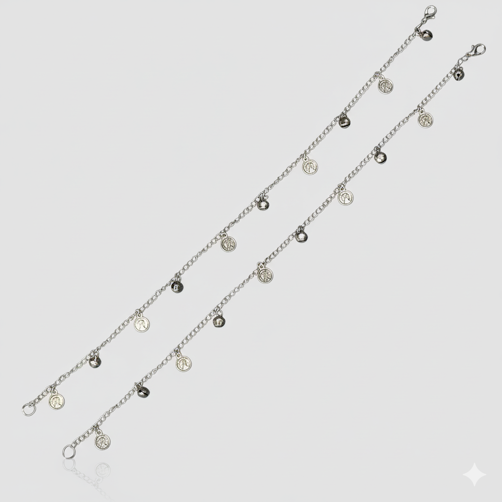 Jevaya Elegant Silver Coin Charm Anklet with Mini Ghungroo Accents - Image 4