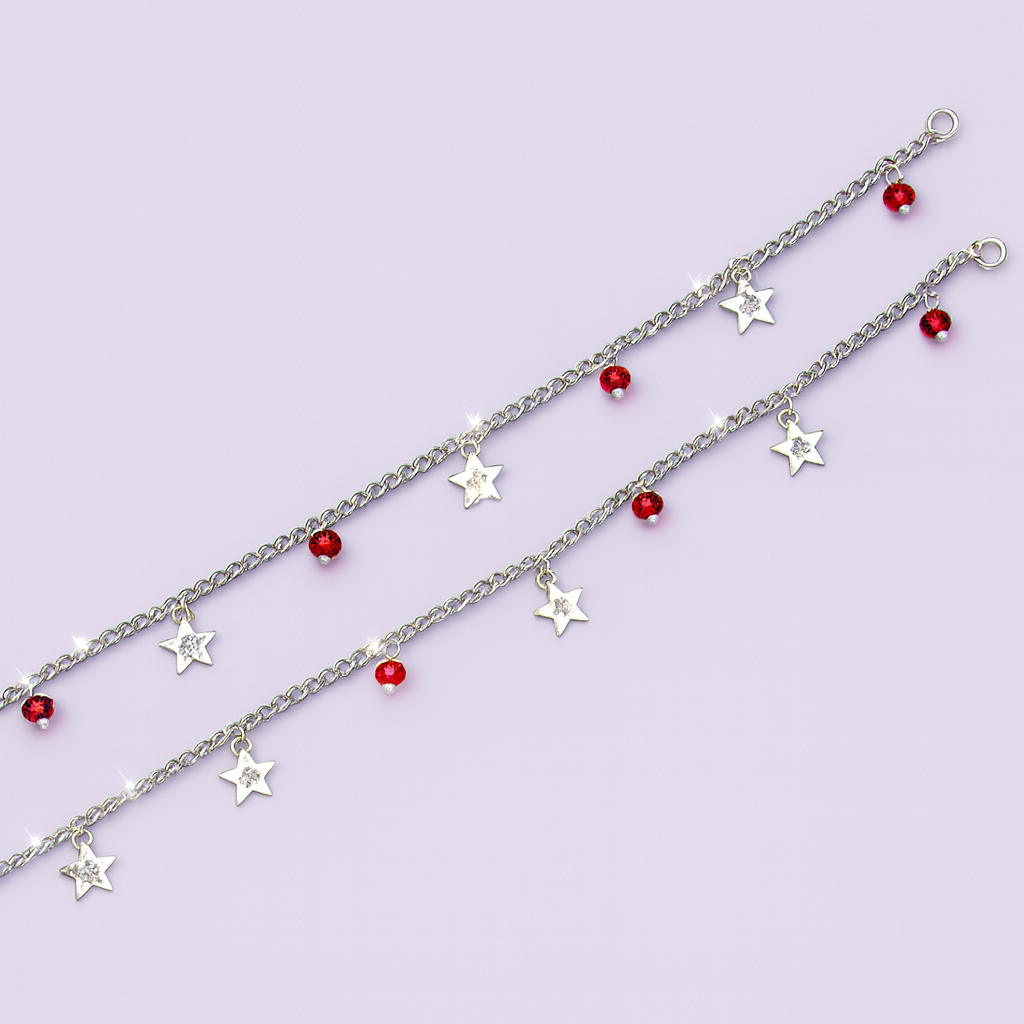 Jevaya Silver-Tone Star Charm Anklet with Red Crystal Beads | Cute Minimal Chain Anklet for Women & Girls - Image 3