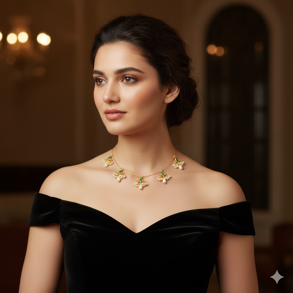 Jevaya Elegant Invisible Wire Necklace with Green Stone & Pearl Charms – Gold-Plated Lightweight Choker for Women & Girls