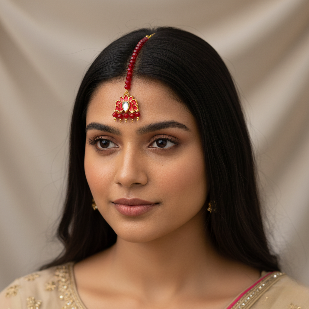 Regal Red Beaded Maang Tikka with Enamel Gold Detailing