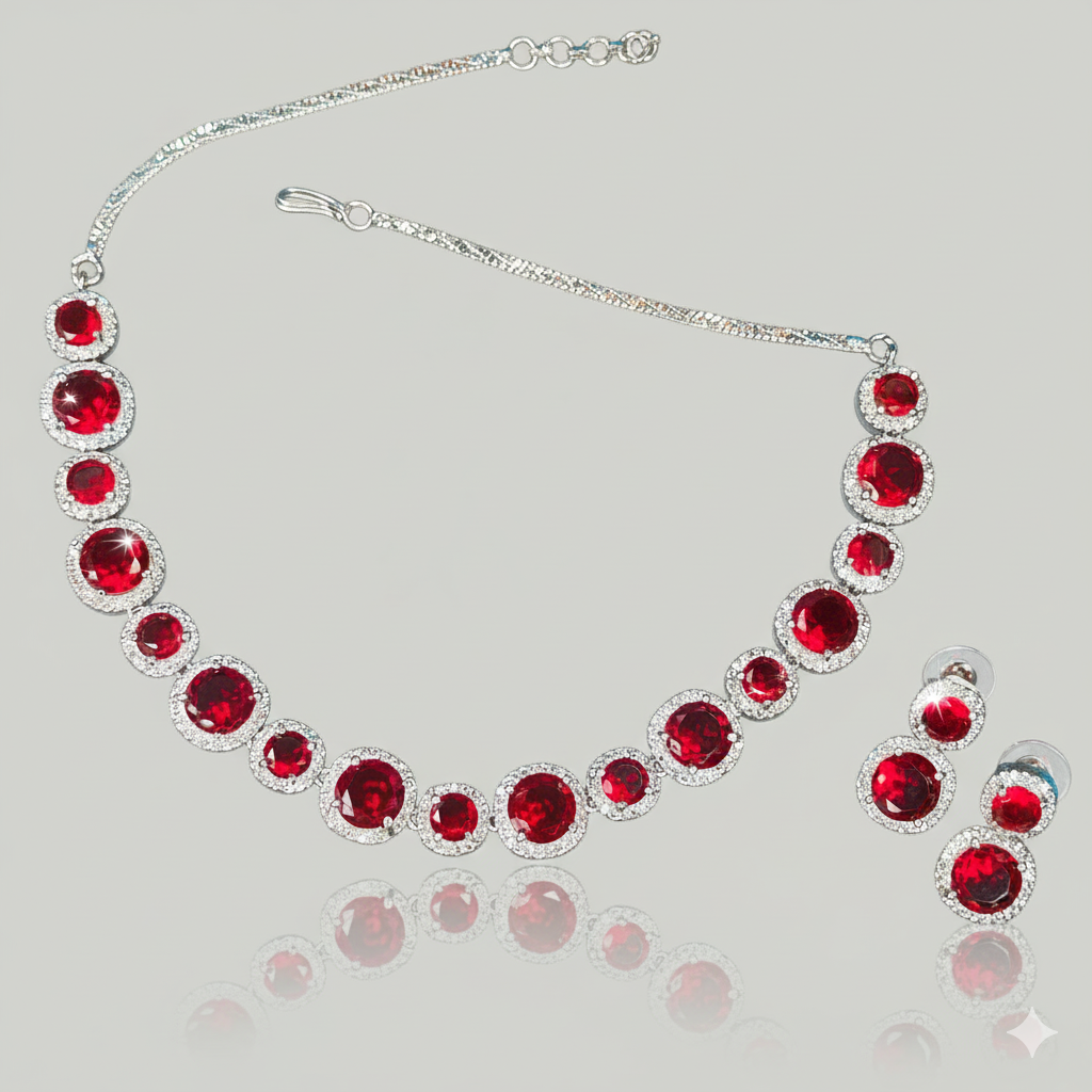 Jevaya Luxury Ruby Halo Necklace Set with Matching Earrings - Image 4