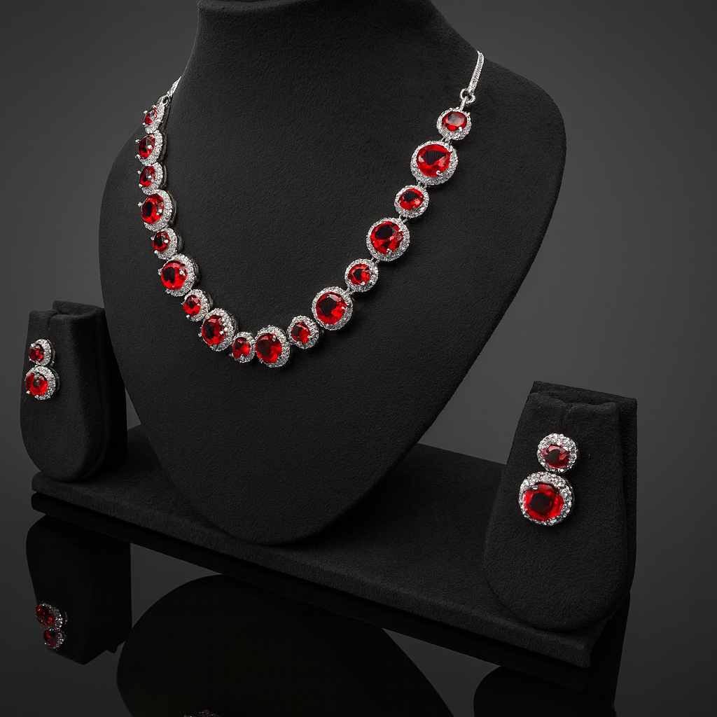 Jevaya Luxury Ruby Halo Necklace Set with Matching Earrings - Image 3
