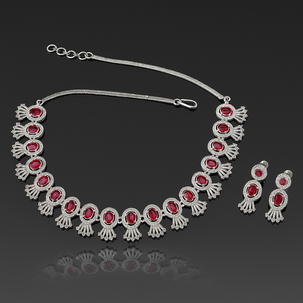 Jevaya Luxury Silver-Plated Maroon Necklace Set for Women | - Image 4