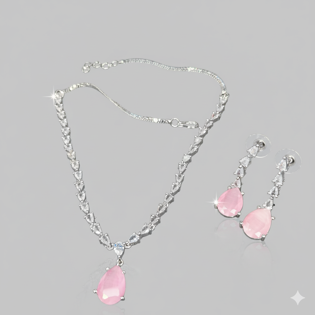 Jevaya Elegant Light Pink Stone Necklace Set with Earrings - Image 3
