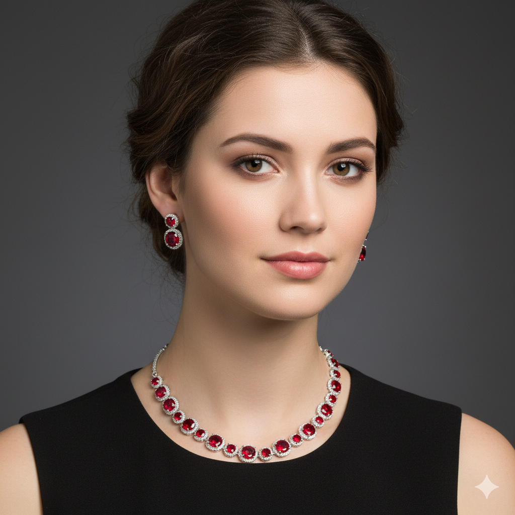 Jevaya Luxury Ruby Halo Necklace Set with Matching Earrings