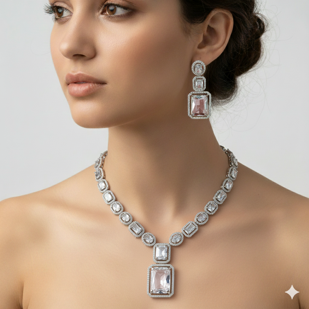 Jevaya Silver-Tone Minimal and Elegant AD Crystal Necklace & Earring Set