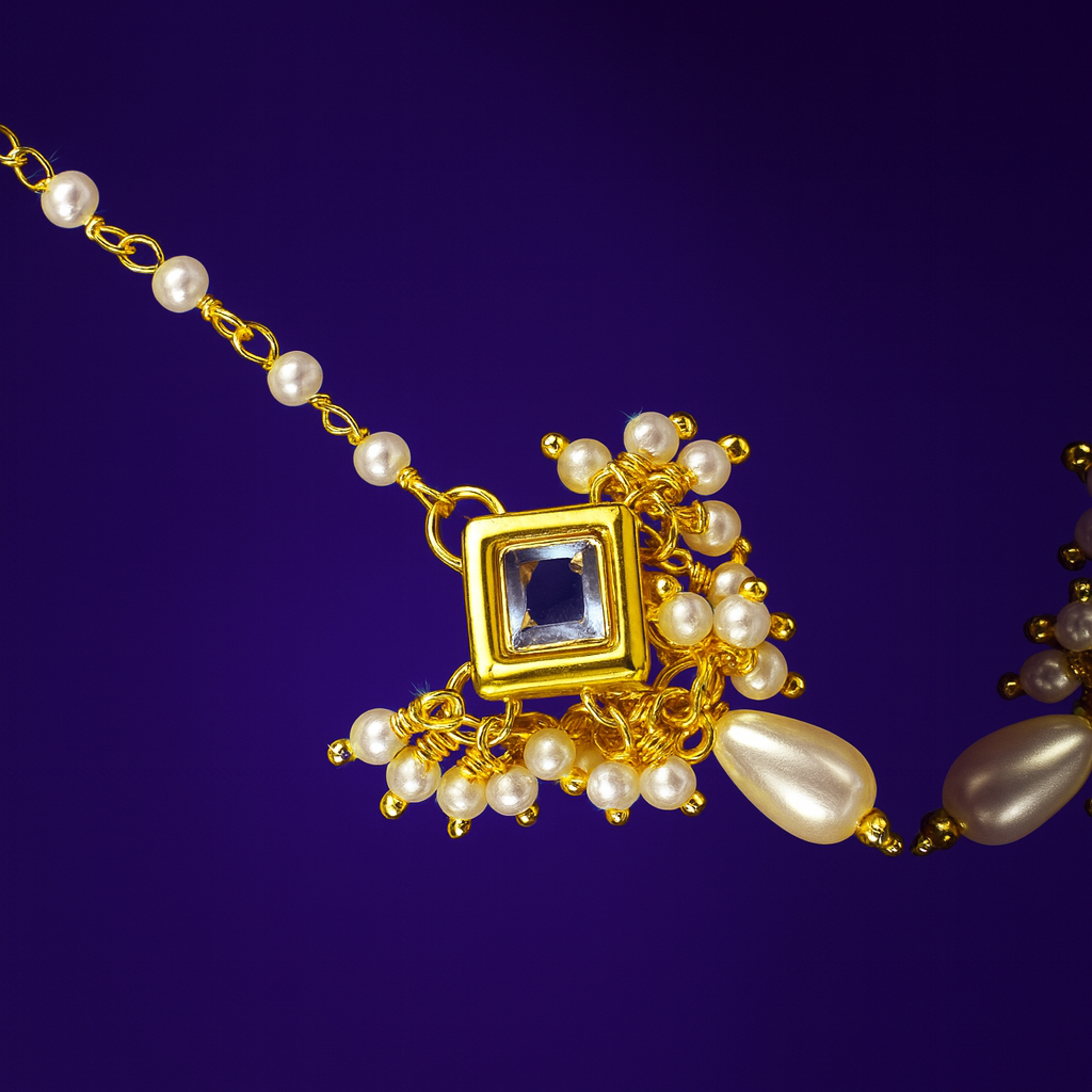 Jevaya Elegant Kundan Pearl Drop Maang Tikka in Gold Finish - Image 5