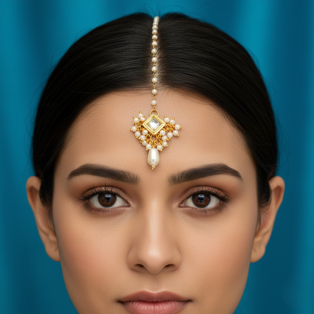 Jevaya Elegant Kundan Pearl Drop Maang Tikka in Gold Finish - Image 3