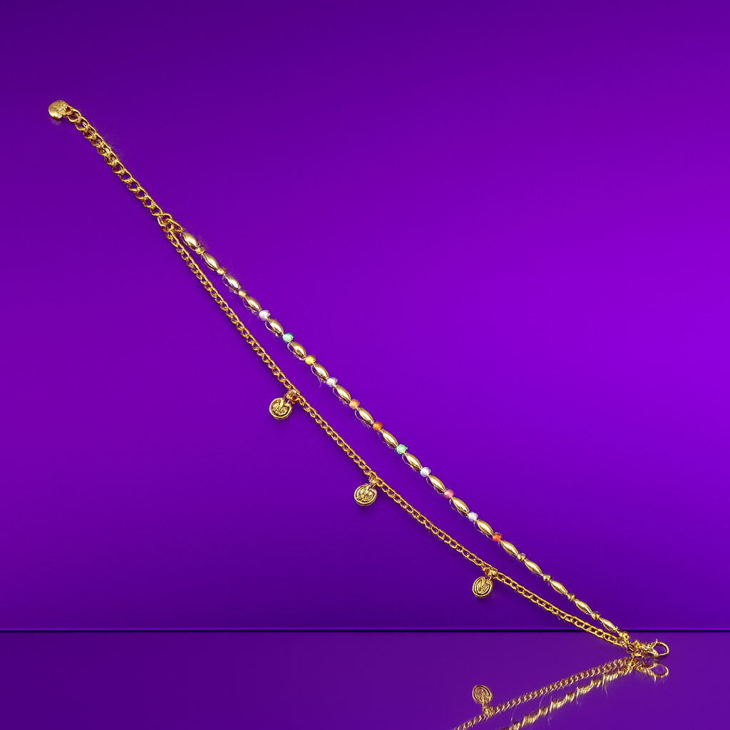 Jevaya Dual-Layer Multicolour Beaded Gold-Tone Anklet with Charm Drops - Image 4