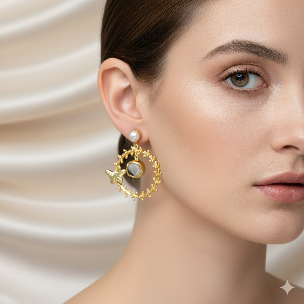 Jevaya Golden Butterfly Pearl Hoop Earrings with Natural Stone Charm