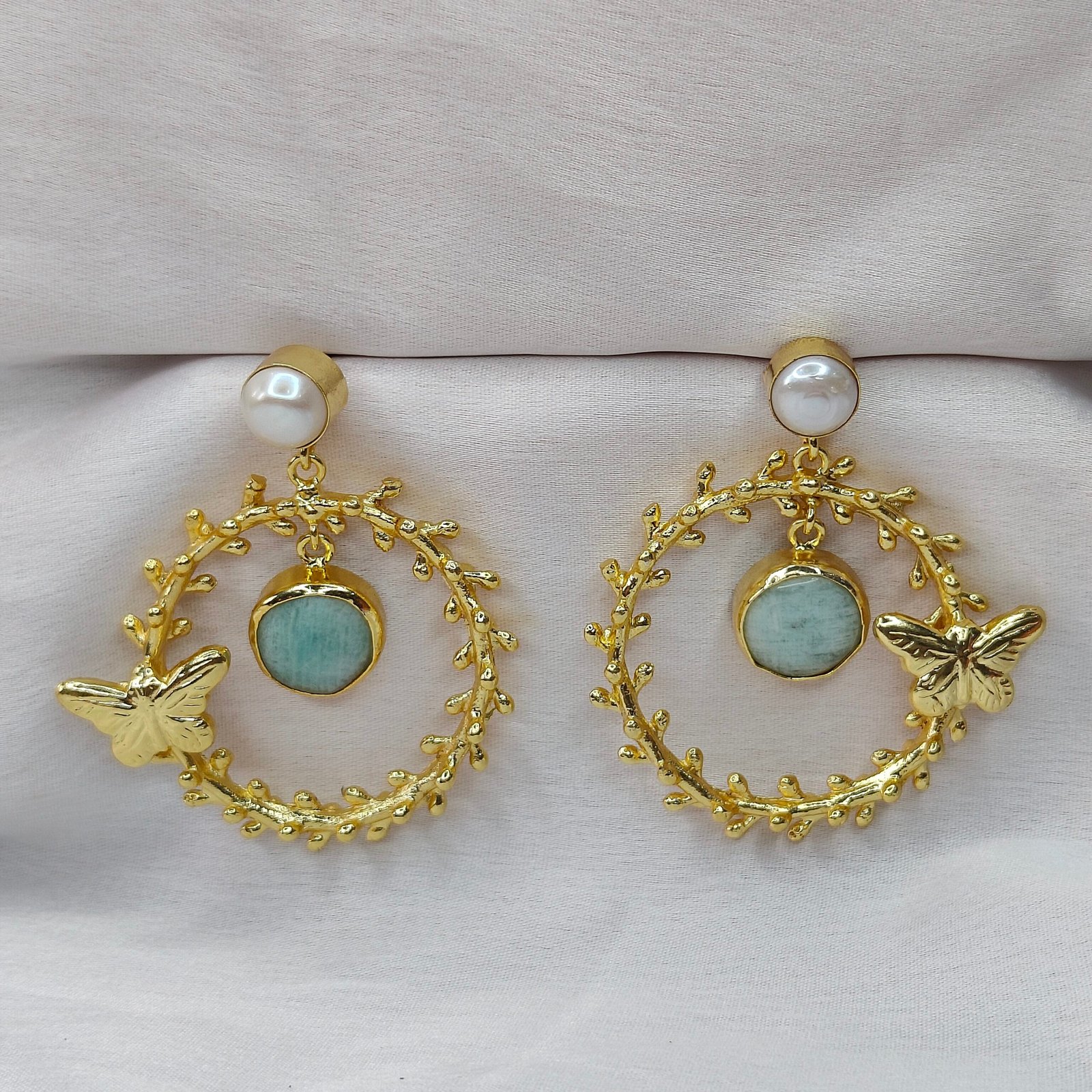 Jevaya Golden Butterfly Hoop Earrings with Mint Stone and Pearl Stud - Image 5