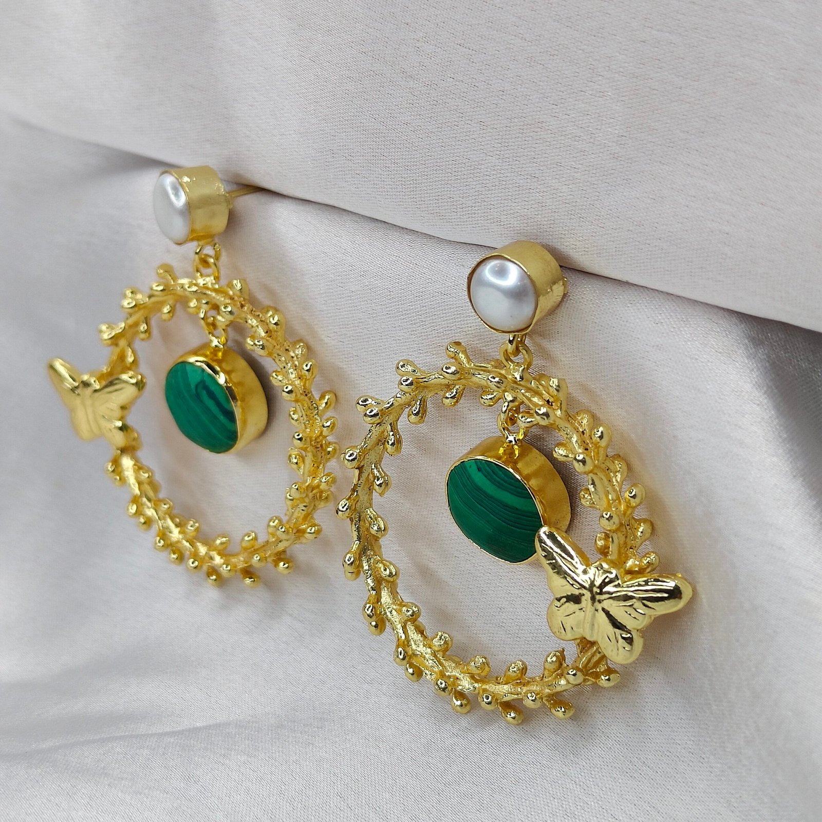 Jevaya Golden Butterfly Pearl Hoop Earrings with Green Marble-textured Stone Charm - Image 5