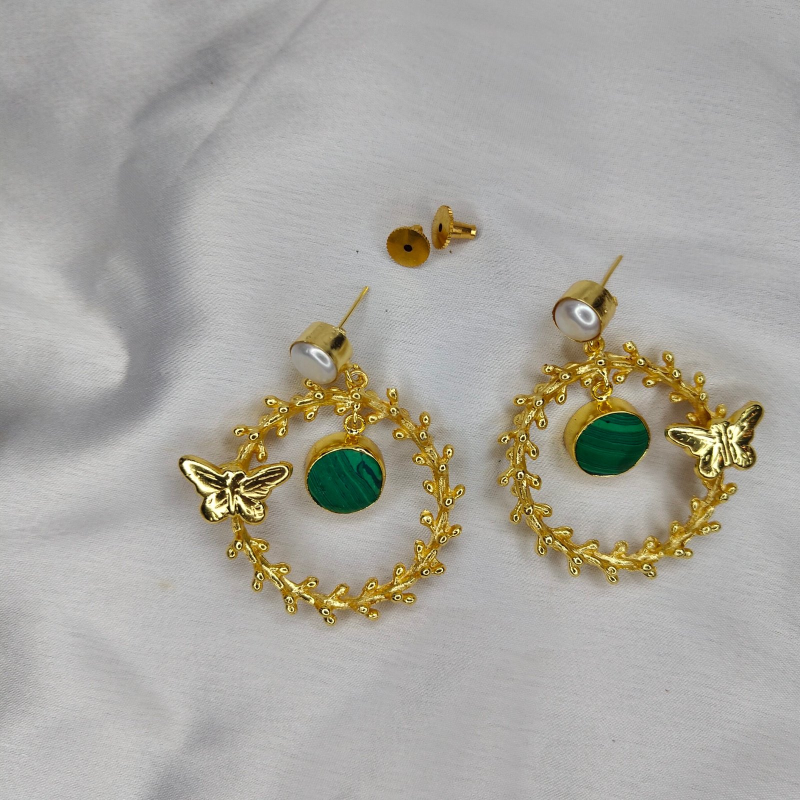 Jevaya Golden Butterfly Pearl Hoop Earrings with Green Marble-textured Stone Charm - Image 3