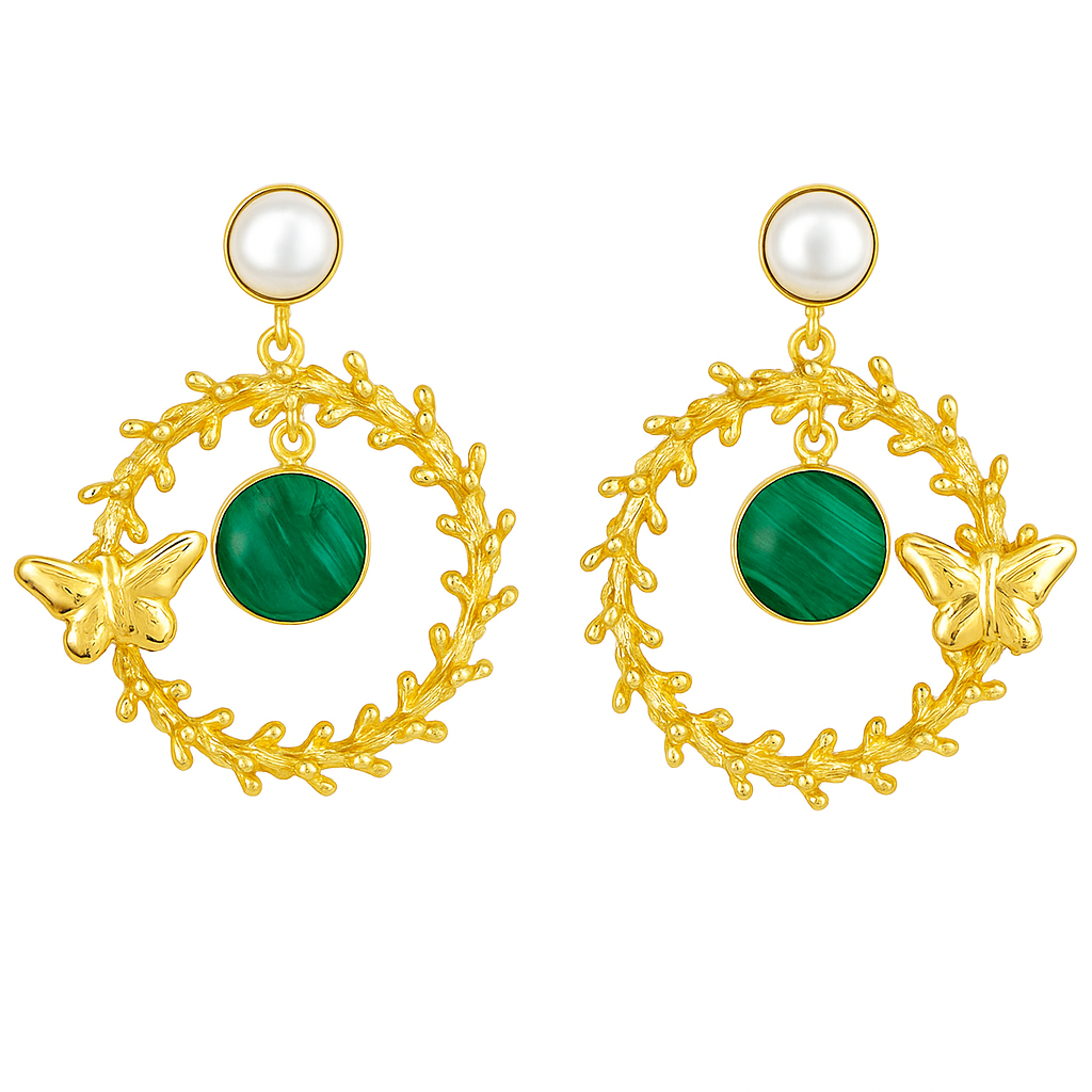 Jevaya Golden Butterfly Pearl Hoop Earrings with Green Marble-textured Stone Charm
