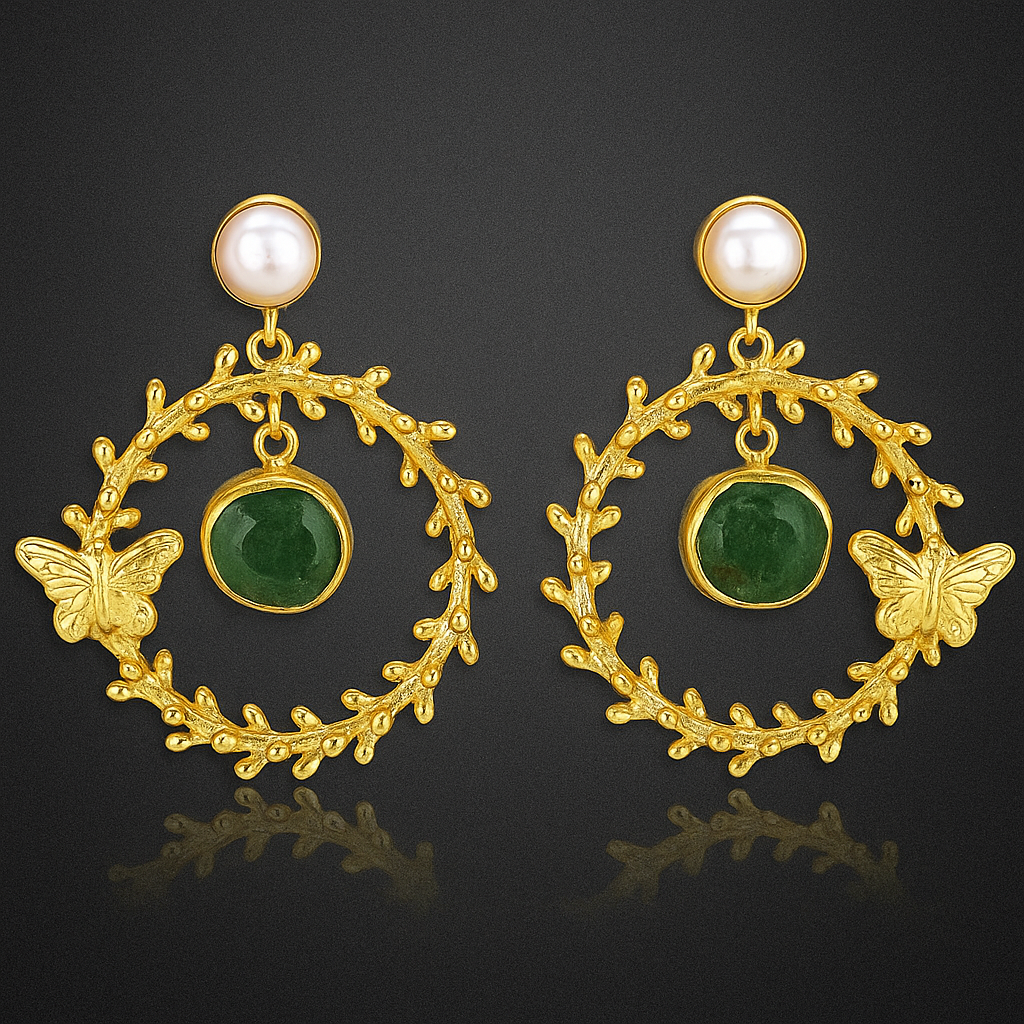 Jevaya Golden Butterfly Pearl Hoop Earrings with Green Stone Charm