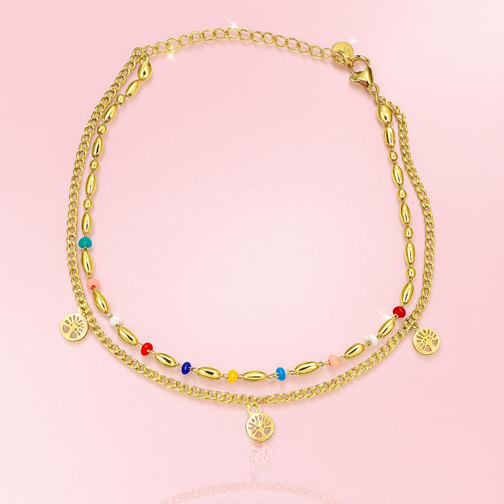 Jevaya Dual-Layer Multicolour Beaded Gold-Tone Anklet with Charm Drops - Image 3