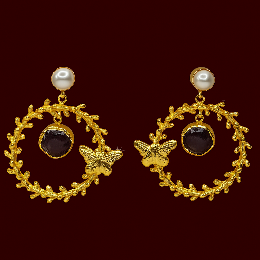 Jevaya Golden Butterfly Pearl With Amethyst Gold Hoop Earrings - Image 7