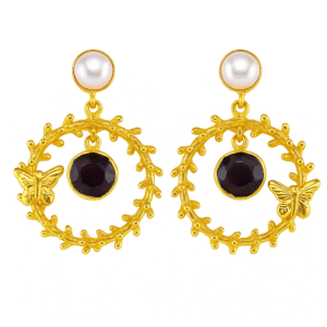 Jevaya Golden Butterfly Pearl With Amethyst Gold Hoop Earrings