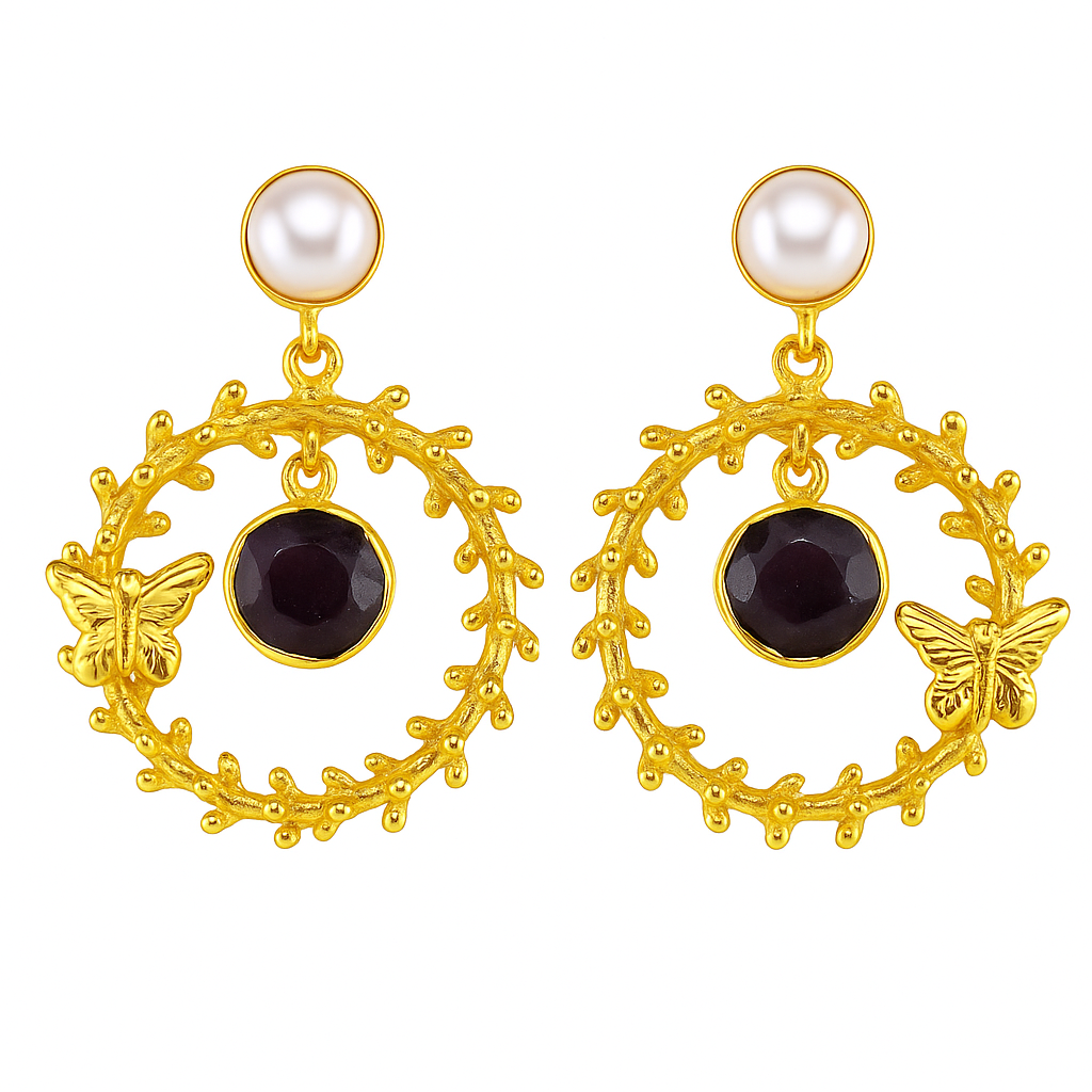 Jevaya Golden Butterfly Pearl With Amethyst Gold Hoop Earrings