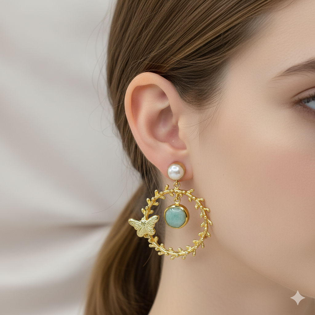 Jevaya Golden Butterfly Hoop Earrings with Mint Stone and Pearl Stud