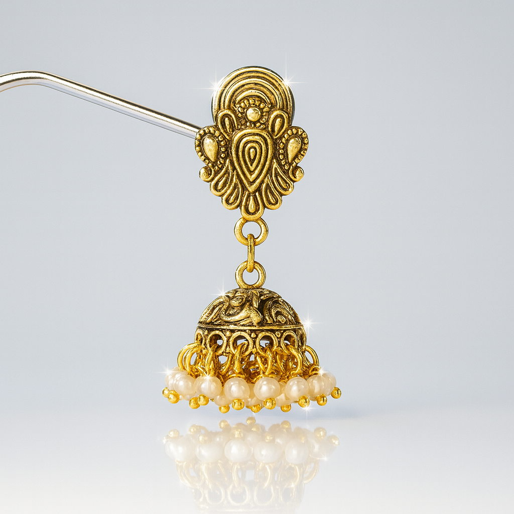 Jevaya Traditional Gold-Toned Jhumka Earrings with Mini Pearl Dangling Beads - Image 4