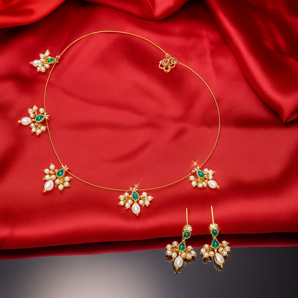 Jevaya Emerald Pearl Blossom Invisible Necklace Set - Image 3
