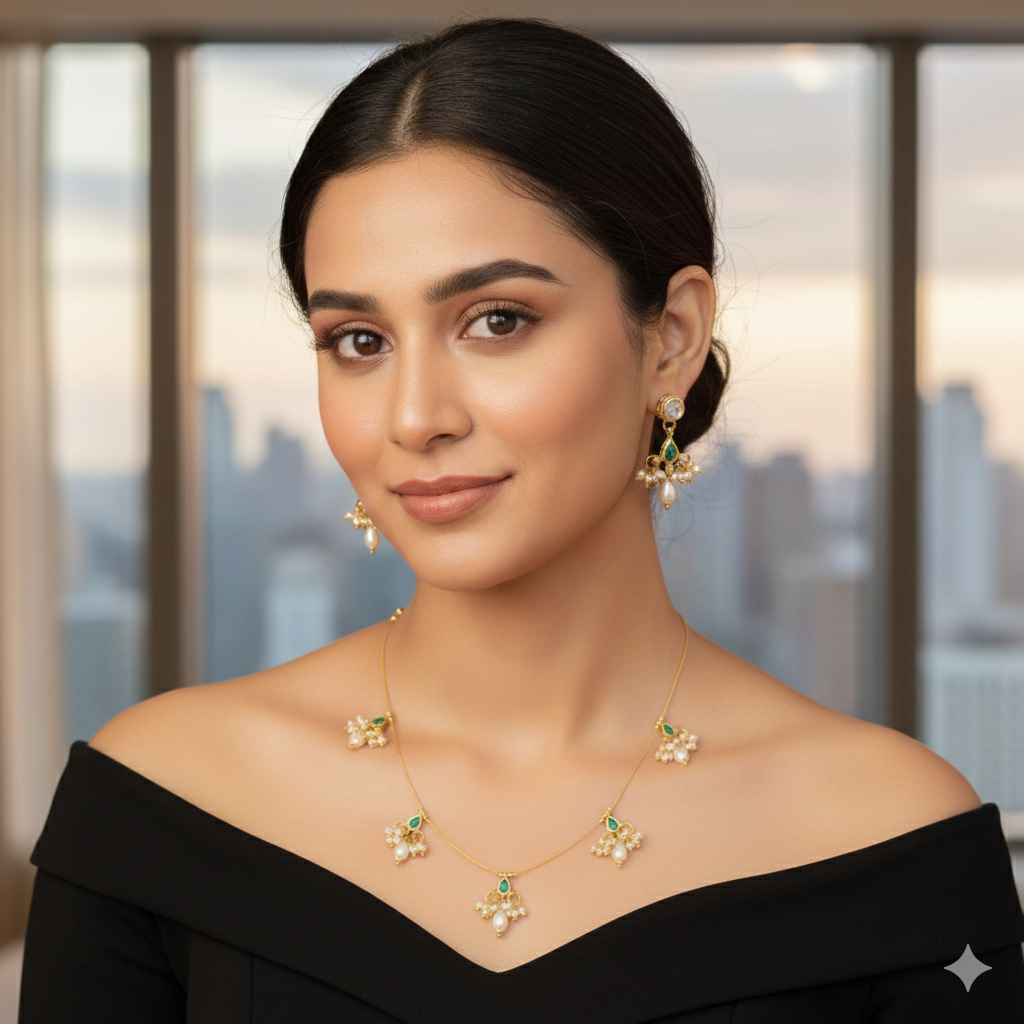 Jevaya Emerald Pearl Blossom Invisible Necklace Set