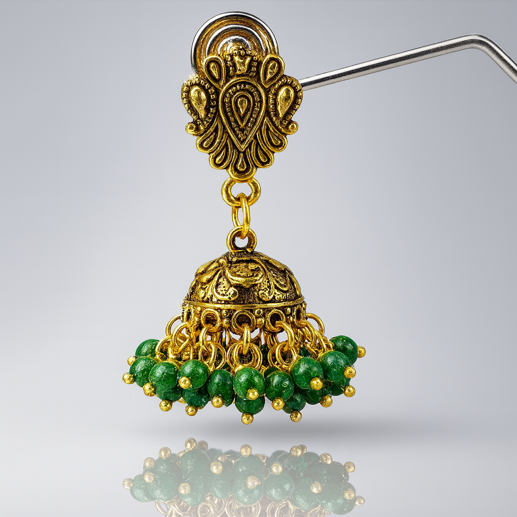 Jevaya Antique Gold Oxidised Green Beaded Jhumka Earrings for Women - Image 3