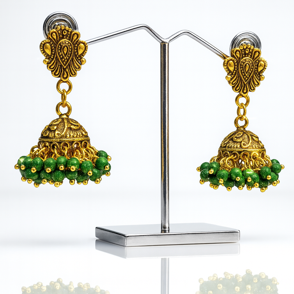 Jevaya Antique Gold Oxidised Green Beaded Jhumka Earrings for Women