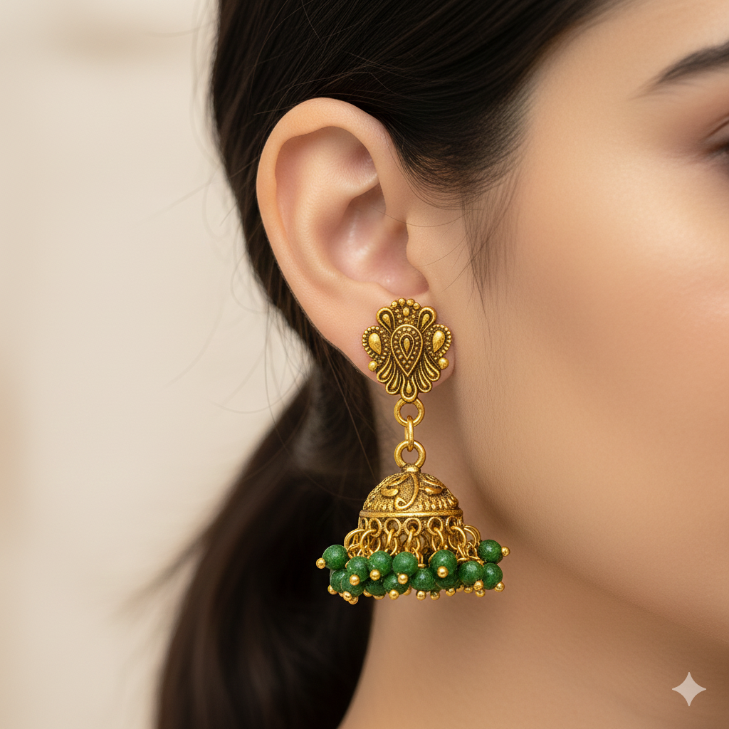 Jevaya Antique Gold Oxidised Green Beaded Jhumka Earrings for Women - Image 4