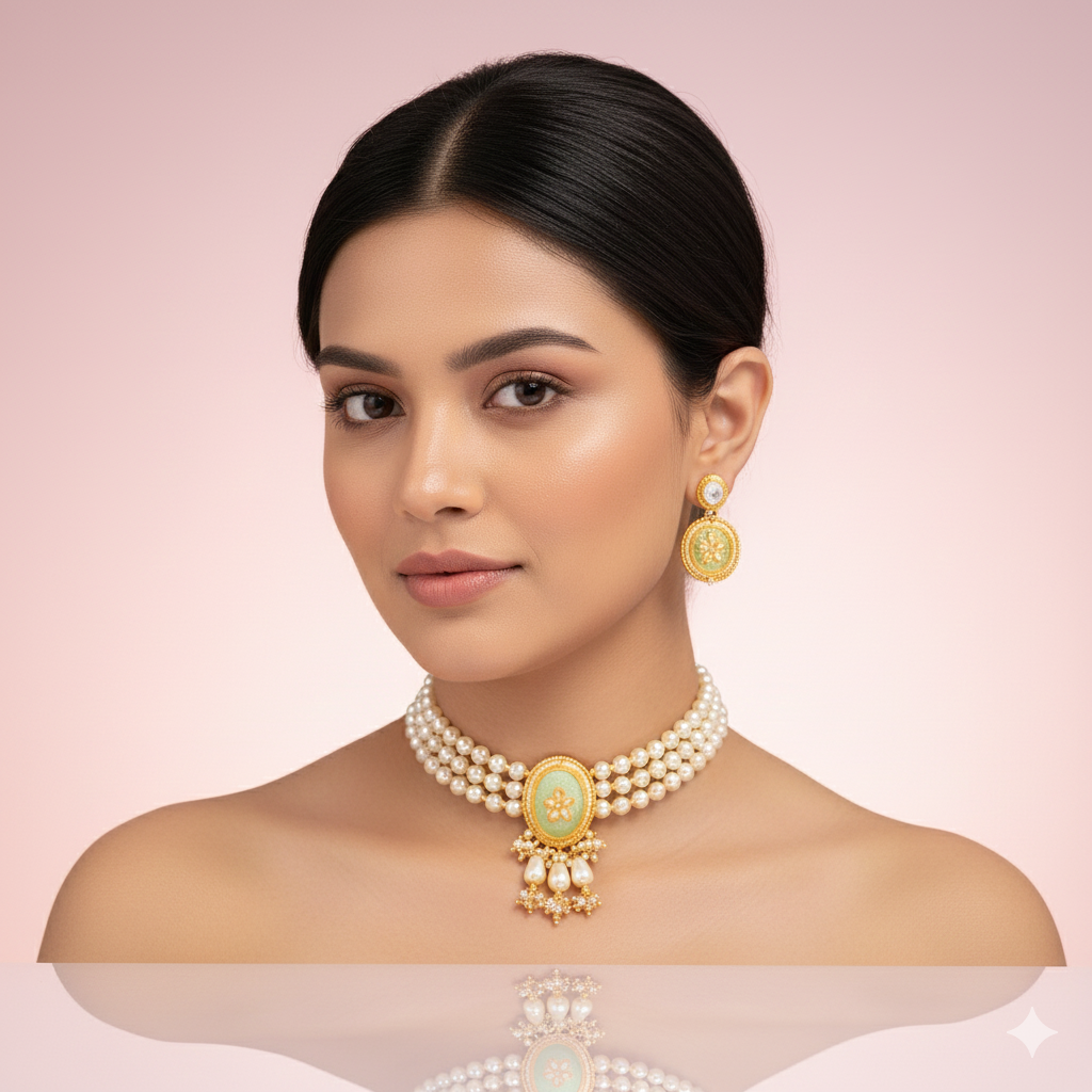 Jevaya Elegant Mint-Green Kundan Pearl Choker Necklace Set with Earrings