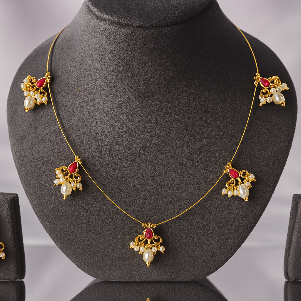 Jevaya Royal Ruby & Pearl Invisible String Necklace Set - Image 4