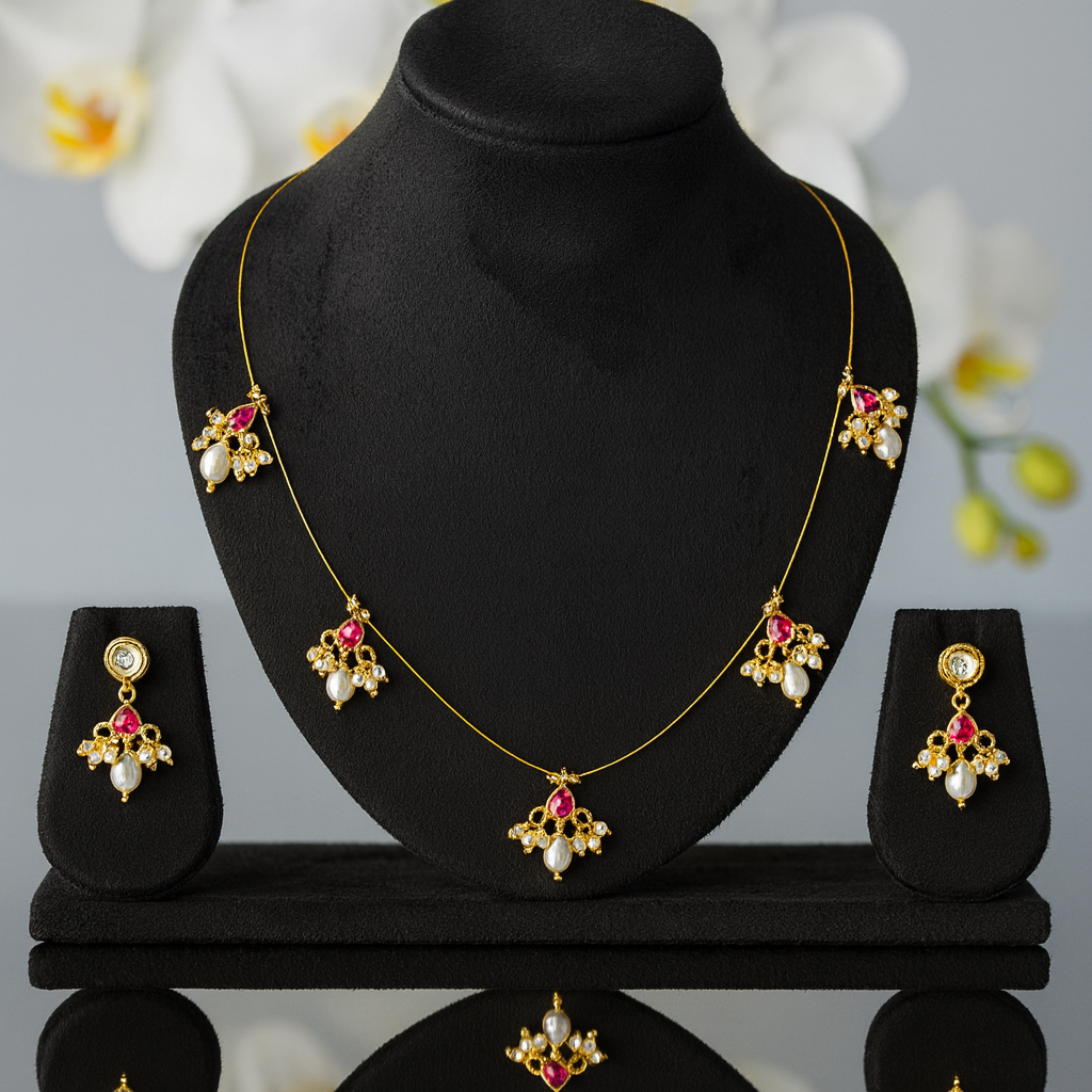 Jevaya Royal Ruby & Pearl Invisible String Necklace Set