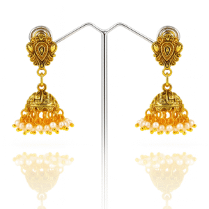 Jevaya Traditional Gold-Toned Jhumka Earrings with Mini Pearl Dangling Beads