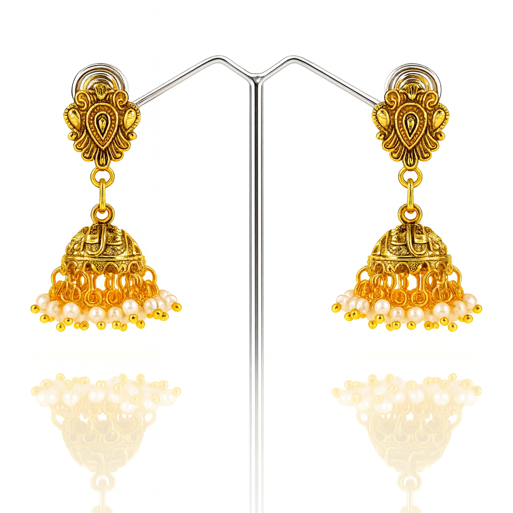 Jevaya Traditional Gold-Toned Jhumka Earrings with Mini Pearl Dangling Beads