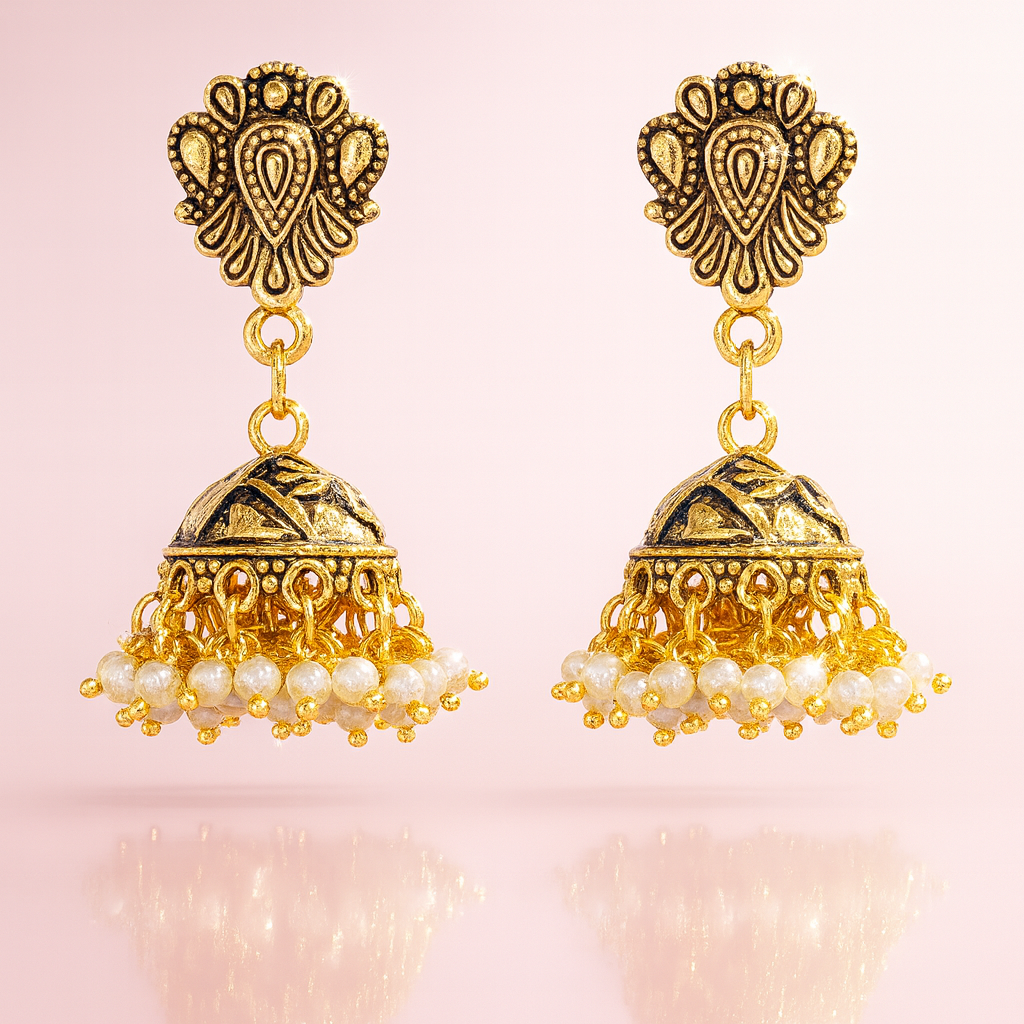 Jevaya Traditional Gold-Toned Jhumka Earrings with Mini Pearl Dangling Beads - Image 3