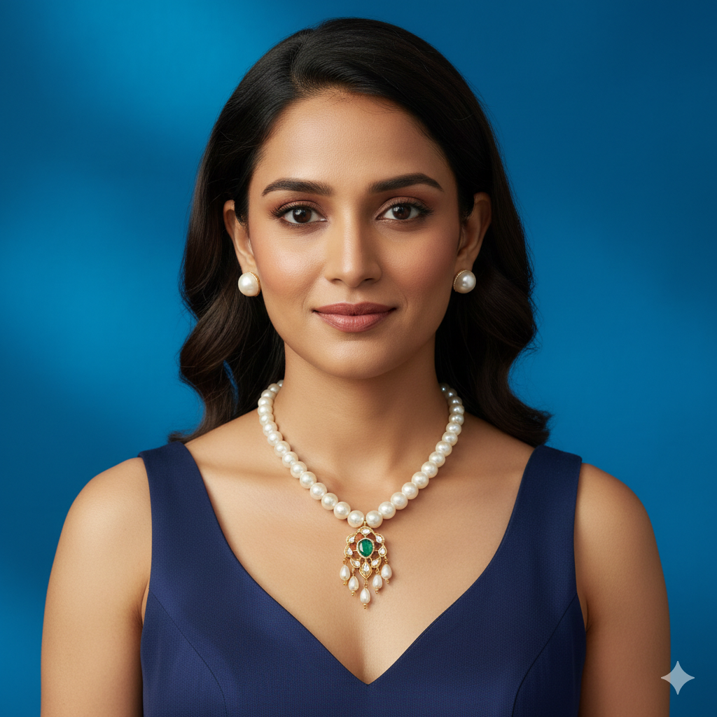 Royal White Pearl Necklace Set with Gold-Tone Pendant & Stud Earrings - Image 5