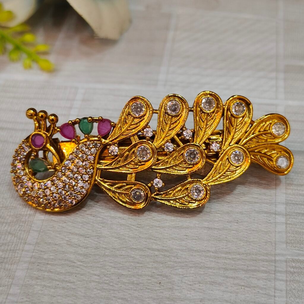 Premium Gold-Plated Peacock Design Hair Clip with Zircon Stones | Bridal & Party Wear Hair Accessory