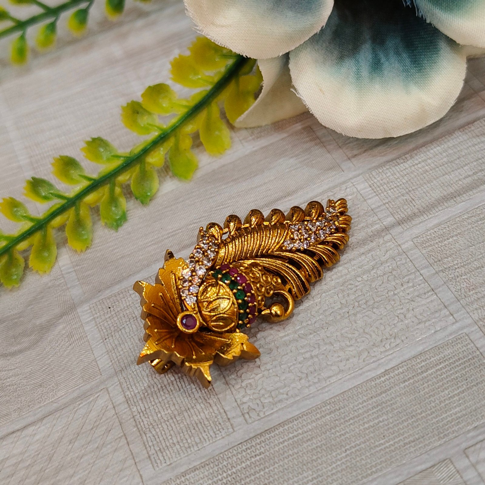 Antique Gold Peacock Feather Saree Pin with Multicolor Stones & CZ Accents