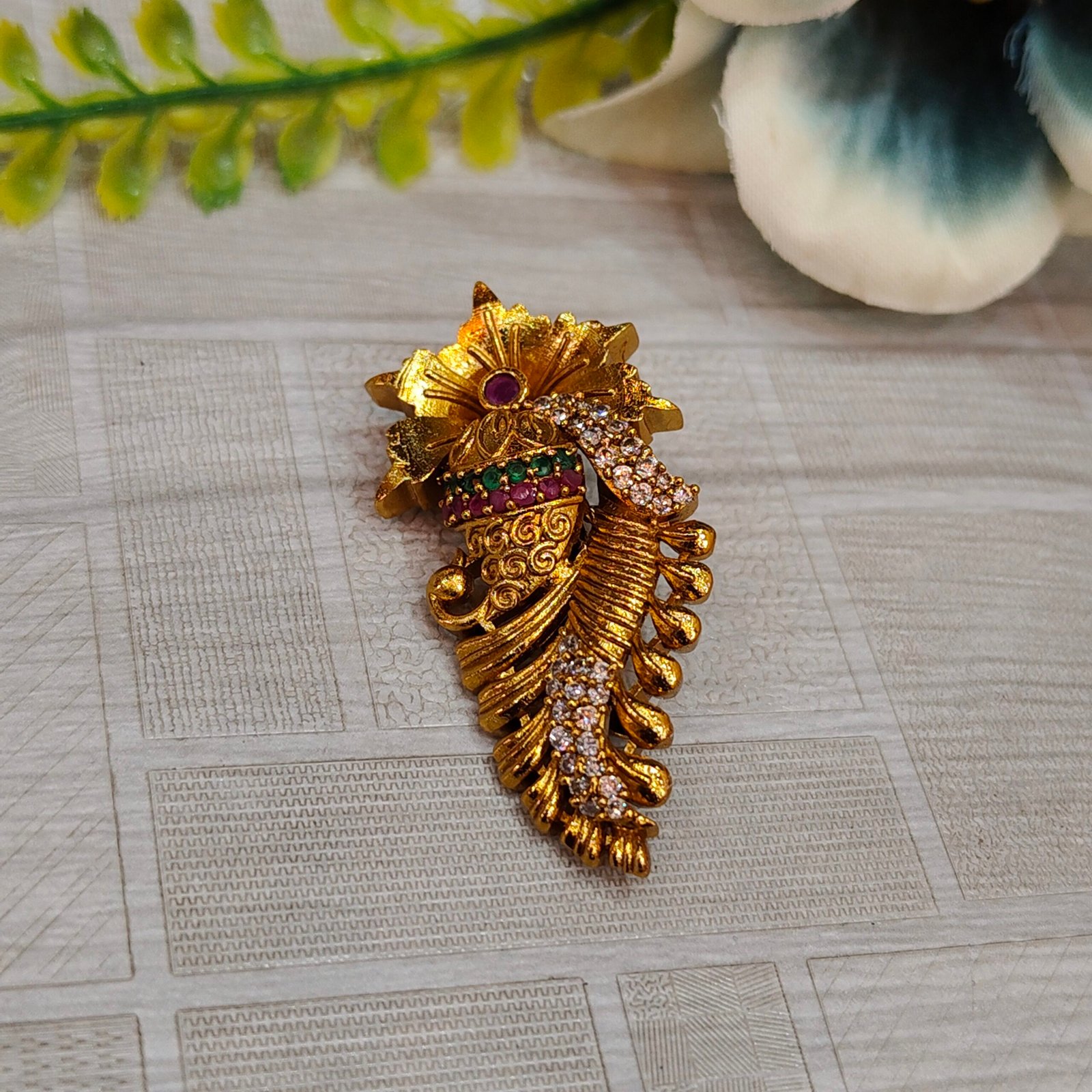 Antique Gold Peacock Feather Saree Pin with Multicolor Stones & CZ Accents - Image 3