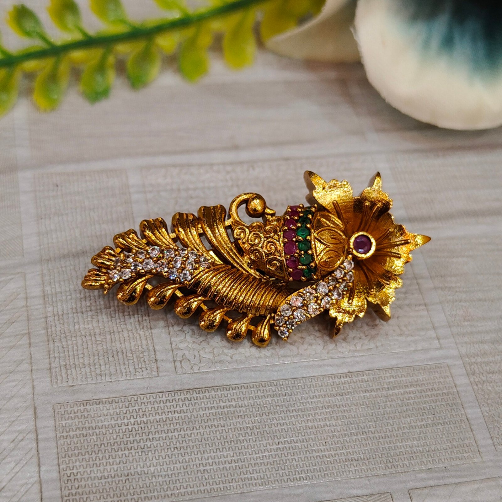 Antique Gold Peacock Feather Saree Pin with Multicolor Stones & CZ Accents - Image 6