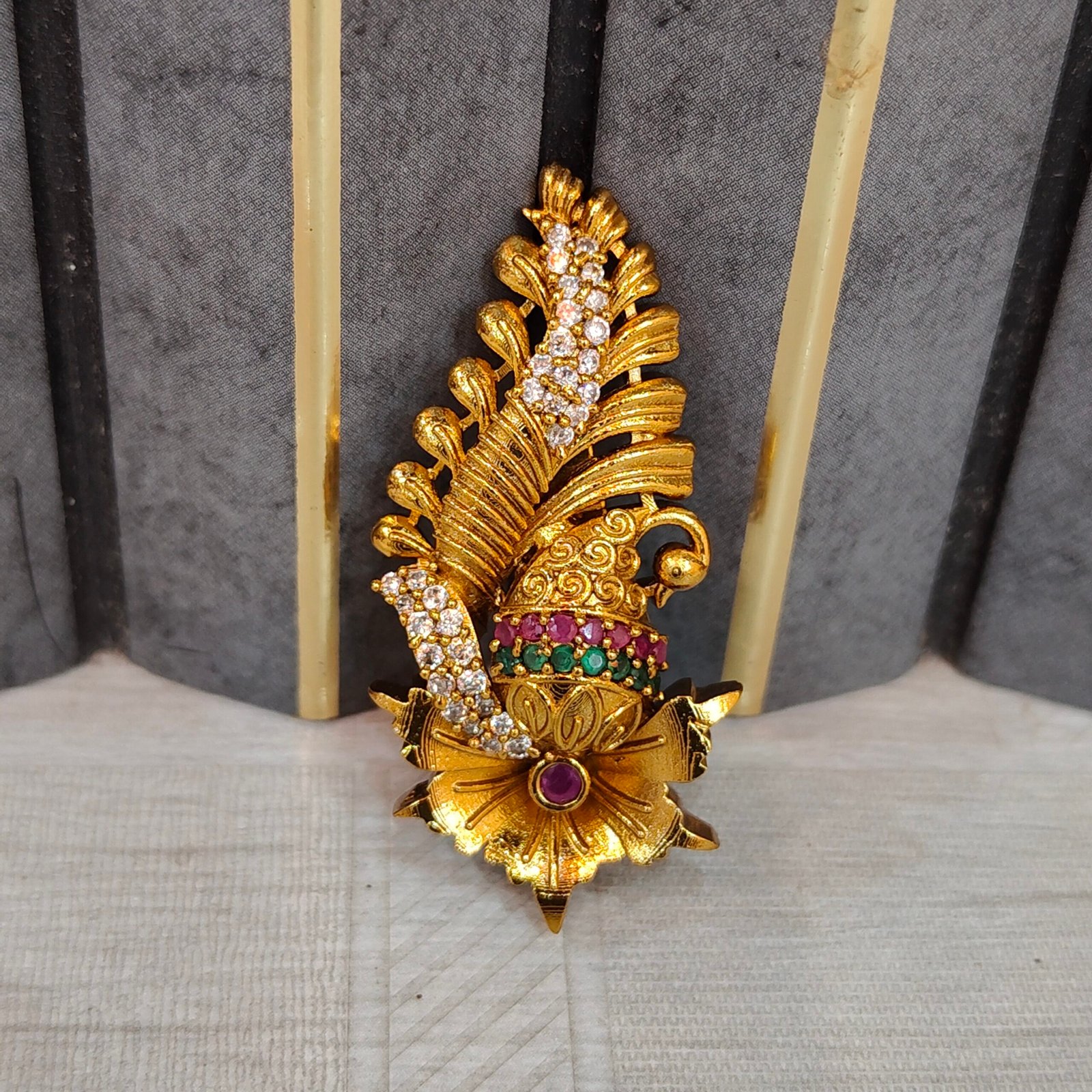 Antique Gold Peacock Feather Saree Pin with Multicolor Stones & CZ Accents - Image 5