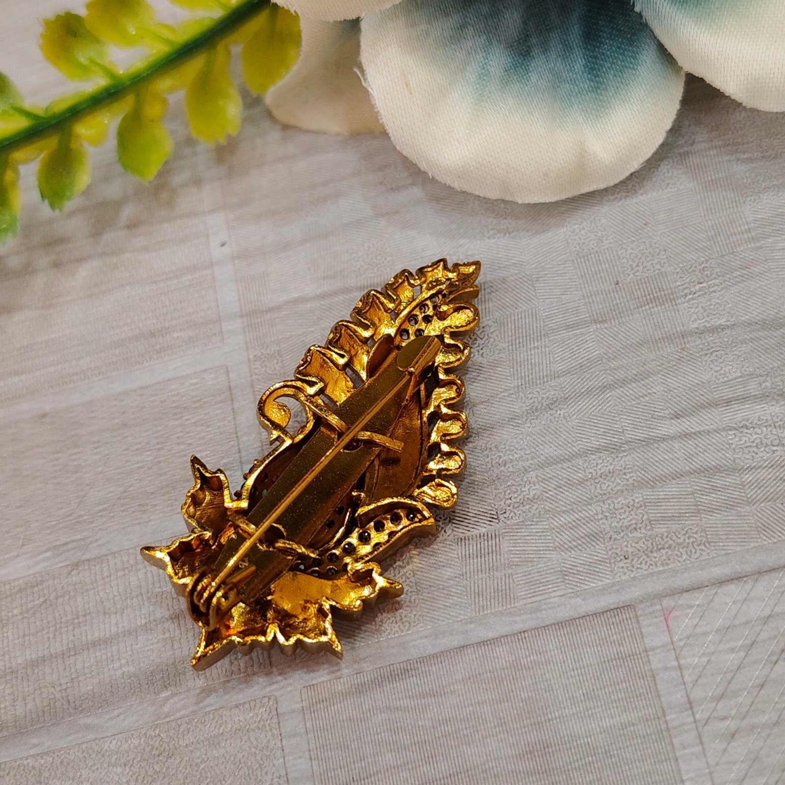 Antique Gold Peacock Feather Saree Pin with Multicolor Stones & CZ Accents - Image 4