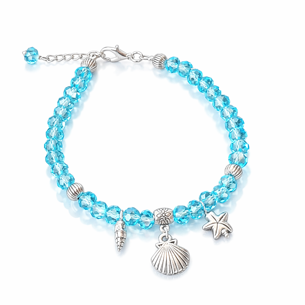 Jevaya Ocean Breeze Blue Crystal Beaded Anklet with Sea Charm Pendant for Women & Girls